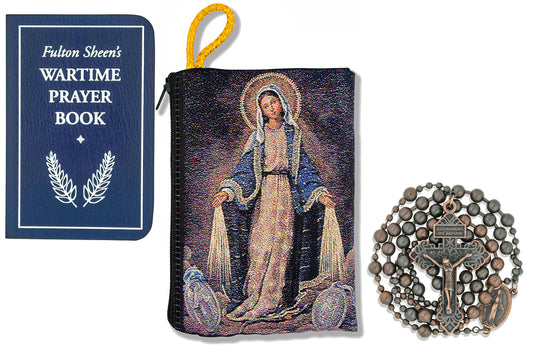 Military Rosary with Prayer Book and Tapestry Pouch (Antique Copper, Miraculous Medal)