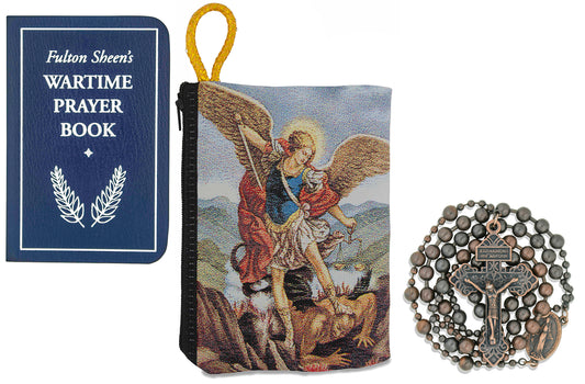 Military Rosary with Prayer Book and Tapestry Pouch (Antique Copper, Saint Michael)