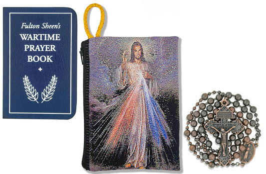 Military Rosary with Prayer Book and Tapestry Pouch (Antique Copper, Divine Mercy 1)