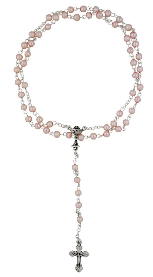Catholic Rosary and Case Gift Set - First Communion with Pink Enamel