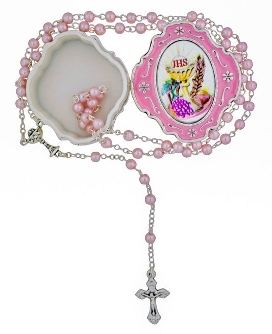 Catholic Rosary and Case Gift Set - First Communion with Pink Enamel