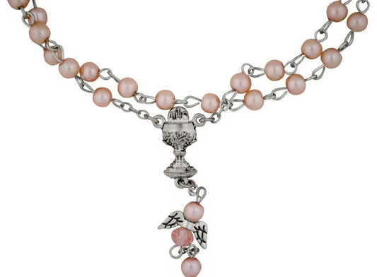 Pink First Communion Rosary with Angel Wing Beads