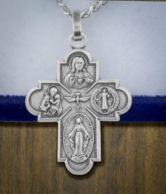 Catholic 4-Way Medal with Rhodium-Plated Chain