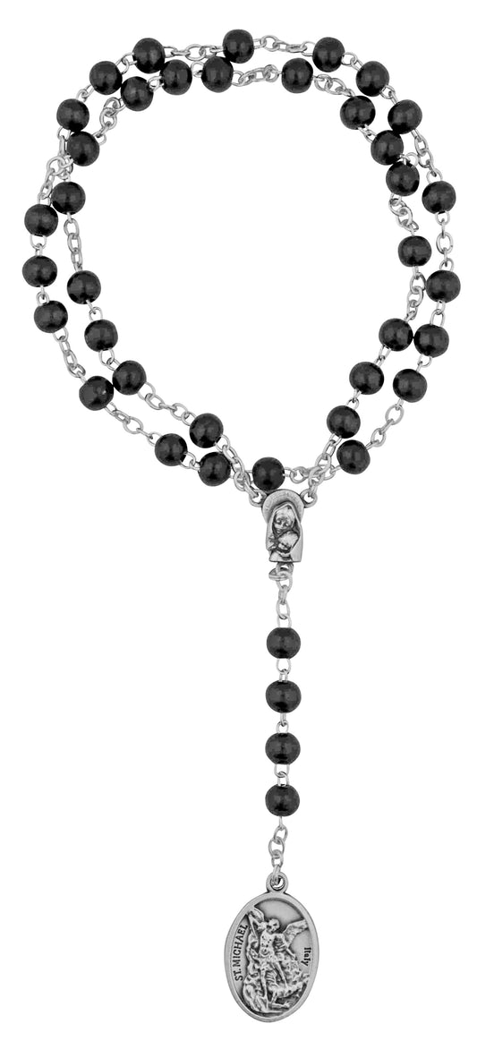 Traditional Saint Michael Chaplet with Prayer Card (Black Wooden Beads)