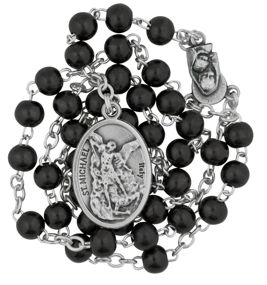 Traditional Saint Michael Chaplet with Prayer Card (Black Wooden Beads)