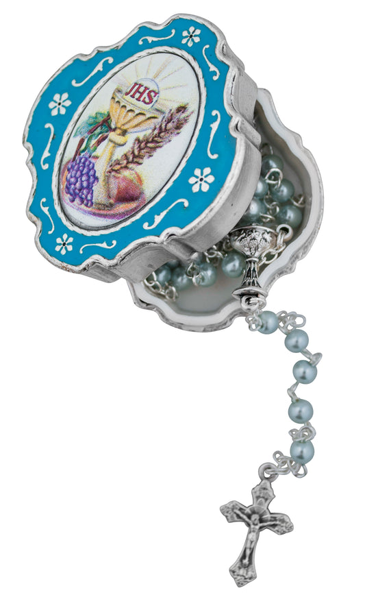 Catholic Small Rosary with Case Gift Set (First Communion (Blue))