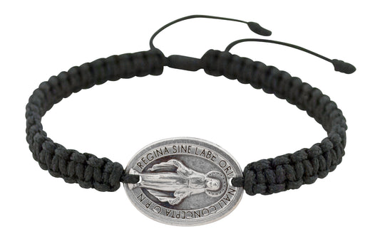 Adjustable Cord Bracelet with Miraculous Medal - Black