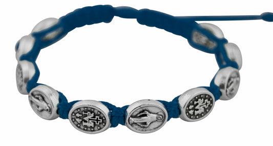 Adjustable Cord Bracelet with Medals (Miraculous Medal Silver - Blue)