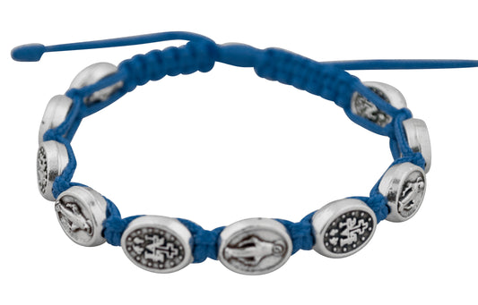 Adjustable Cord Bracelet with Medals (Miraculous Medal Silver - Blue)