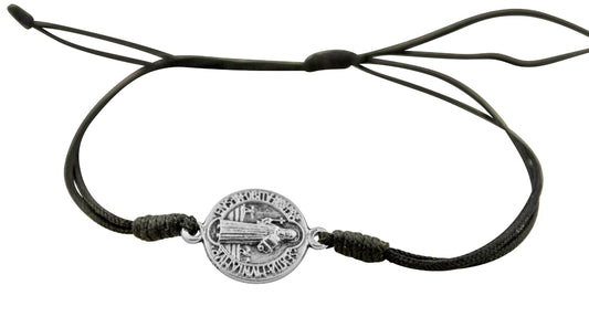 Adjustable Cord Bracelet with Saint Benedict Medal Charm & Black Cord