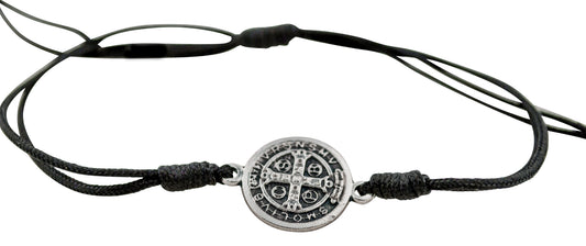 Adjustable Cord Bracelet with Saint Benedict Medal Charm & Black Cord