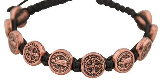 Adjustable Cord Bracelet with Medals (Saint Benedict Copper - Black)
