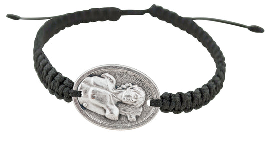Adjustable Cord Bracelet with Saint Sabastian Medal Charm & Black Cord