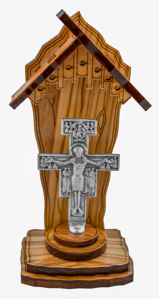 4" Olive Wood Catholic Devotional Shrine (San Damiano Cross)