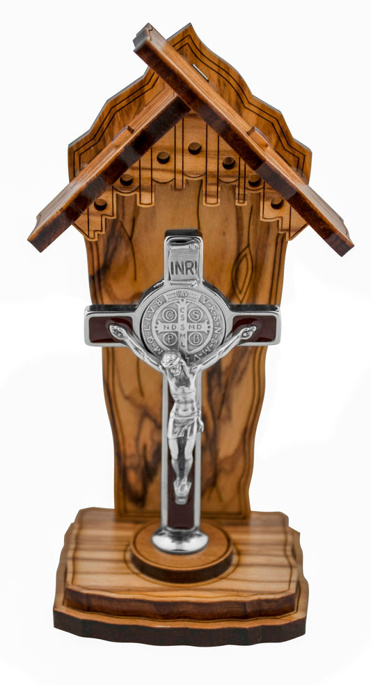 4" Olive Wood Catholic Devotional Shrine (Saint Benedict Cross)