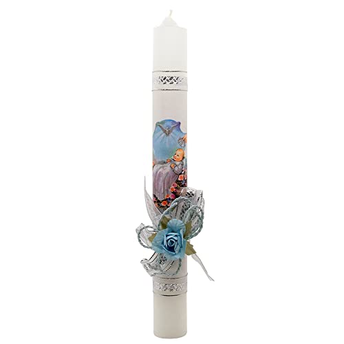 12" Baptism Paschal Candle Keepsake | Great Catholic Gift for Baptism or New Baby | Blue, Pink, or White Rose with Silver-Tone Accent Ribbons | Religious Easter Tradition