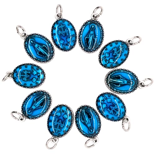 10 Pck Catholic Miraculous Medal Pendants | Silver-Tone Metal | DIY Religious Jewelry and Chaplet Rosaries | Great Gift for First Holy Communion and Confirmation (Dark Blue)