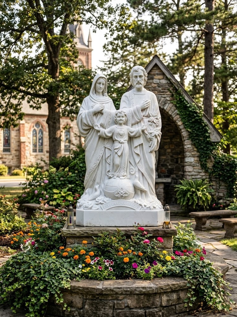 Hand-Carved Marble Holy Family Statue – Outdoor Catholic Shrine Custom Garden Monument