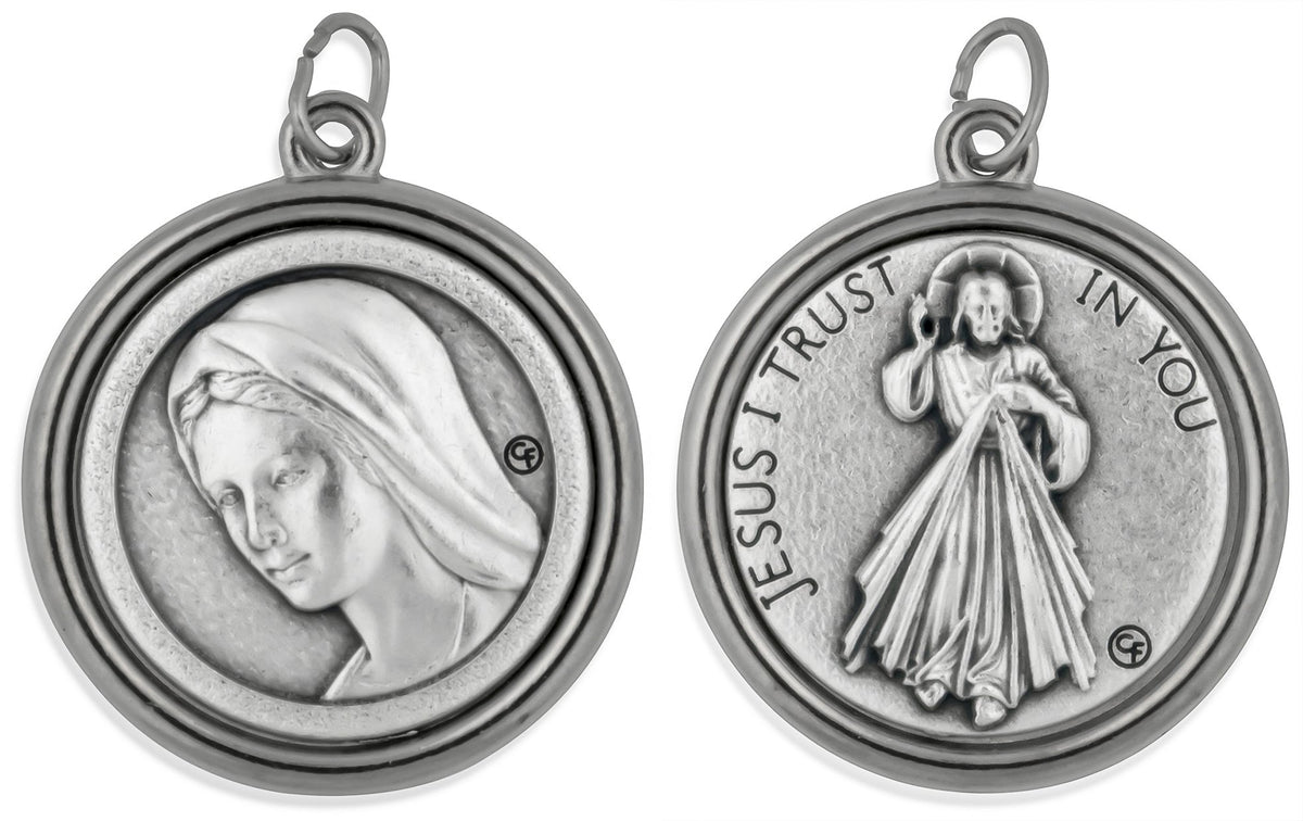 1 1/4" Catholic Saint Medal with Polished Trim (Our Lady of Medjugorje / Divine Mercy)