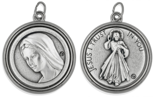 1 1/4" Catholic Saint Medal with Polished Trim (Our Lady of Medjugorje / Divine Mercy)