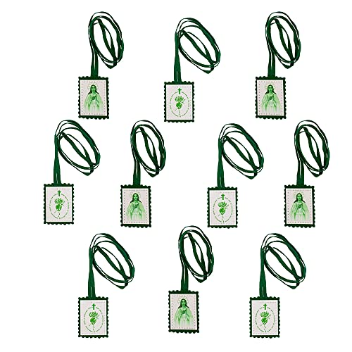 10 Pack of Green Scapulars | One Double Sided Tag with Image of Blessed Mother and The Immaculate Heart of Mary | Great Catholic Gift for Confirmation | Comforting Christian Devotional