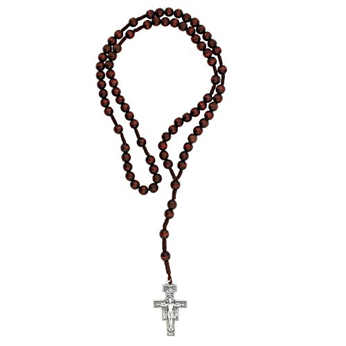 Wooden Rosary with Silver-Tone San Damiano Cross | Available in Black and Brown Finishes | Great Catholic Gift for First Communion or Confirmation | Made in Italy