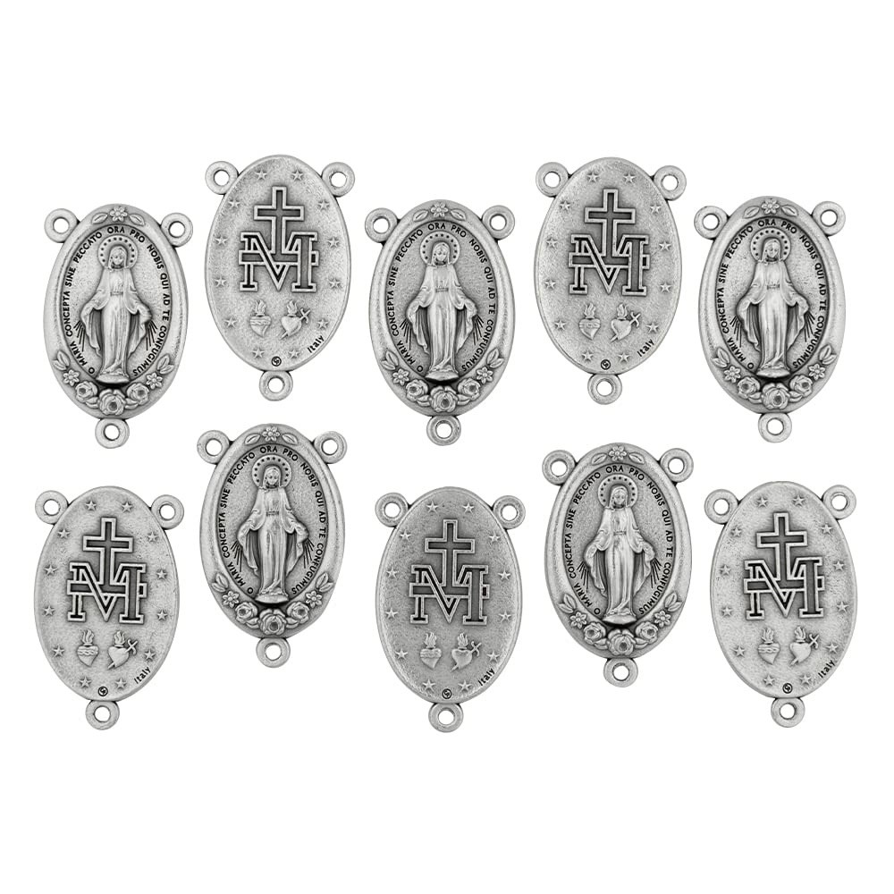 10 Pack of Miraculous Medal Rosary Center Pendants | Silver-Tone Metal | Made in Italy | Great Catholic Gift for First Communion and Confirmation | Use in Handmade Craft Roseries and Chaplets