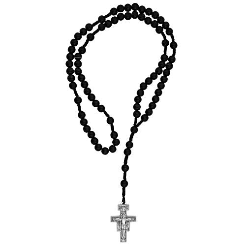 Wooden Rosary with Silver-Tone San Damiano Cross | Available in Black and Brown Finishes | Great Catholic Gift for First Communion or Confirmation | Made in Italy