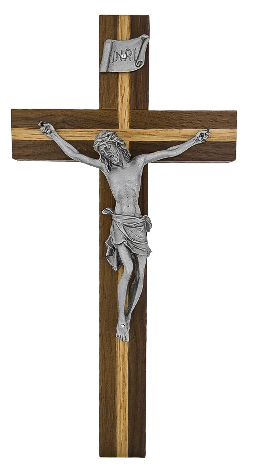 10" Walnut Crucifix with Oak Inlays and Pewter Corpus