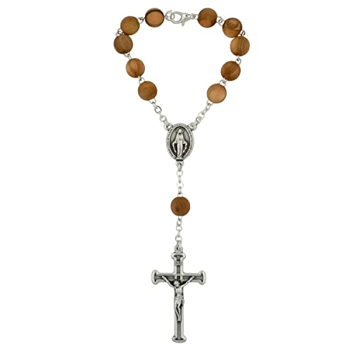 Olive Wood Rosary | Round Wooden Hail Mary Beads and Silver-Tone Crucifix and Medal | Great Catholic Gift for First Holy Communion and Confirmation | Made in Italy