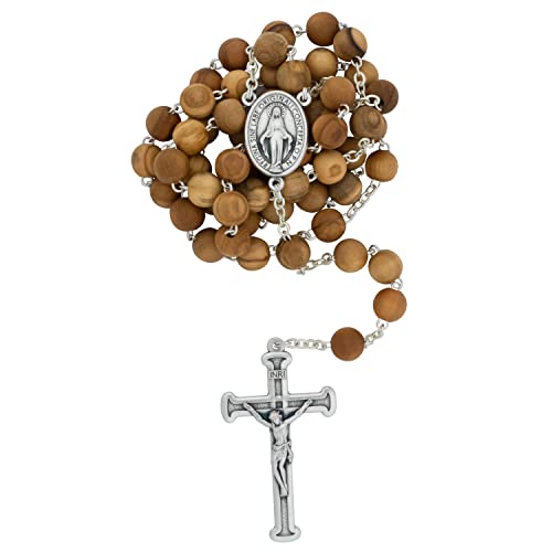 Olive Wood Rosary | Round Wooden Hail Mary Beads and Silver-Tone Crucifix and Medal | Great Catholic Gift for First Holy Communion and Confirmation | Made in Italy