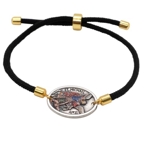 St. Michael Bracelet with Pull Strings | Patron Saint of Soldiers and Police | Color St. Michael Medal | Catholic Protection Bracelet | Confirmation Gift