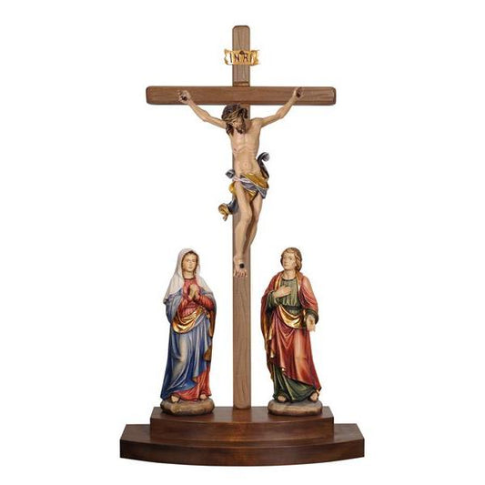 Crucifixion group Leonardo cross standing Painted Wood Statue - 12"25