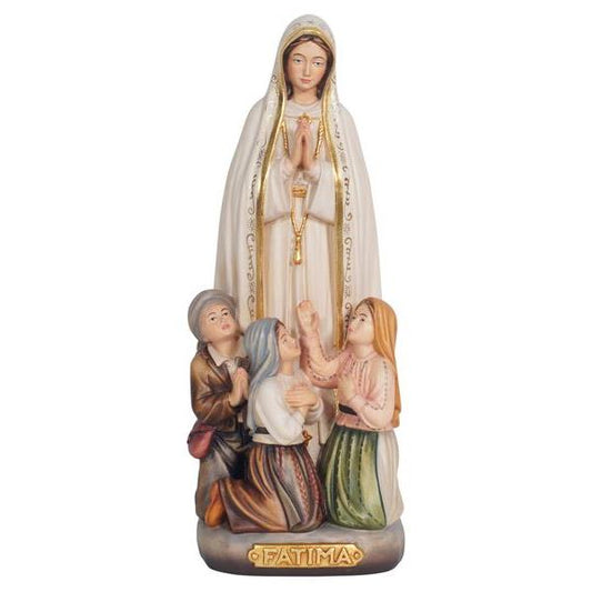 Our Lady of Fátima with Little Shepherds Painted Wood Statue - 6.5 Inches