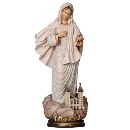 Our Lady of Medjugorie with Church Painted Wood Statue - 6 Inches