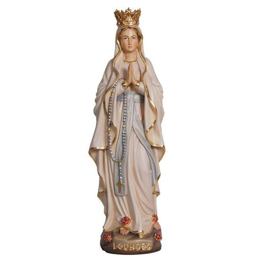 Madonna Lourdes with Crown Painted Wood Statue - 12 Inches