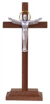 The Holy Triumph of Christ: Walnut Standing Crucifix with Pewter Corpus and Gold Halo, Reflecting the Glory of Christ’s Resurrection