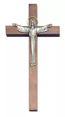 The Holy Glory Walnut Cross with Pewter Risen Christ Surrounded by a Golden Halo