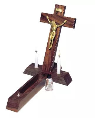 The Holy Light Walnut Cross with Scalloped Edges and Golden Corpus for Spiritual Healing and Comfort